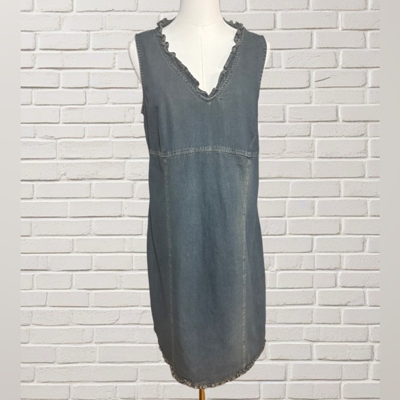 Motherhood Maternity Denim Dress L – Sleeveless Ruffle Trim Chambray Shift - Picture 1 of 6